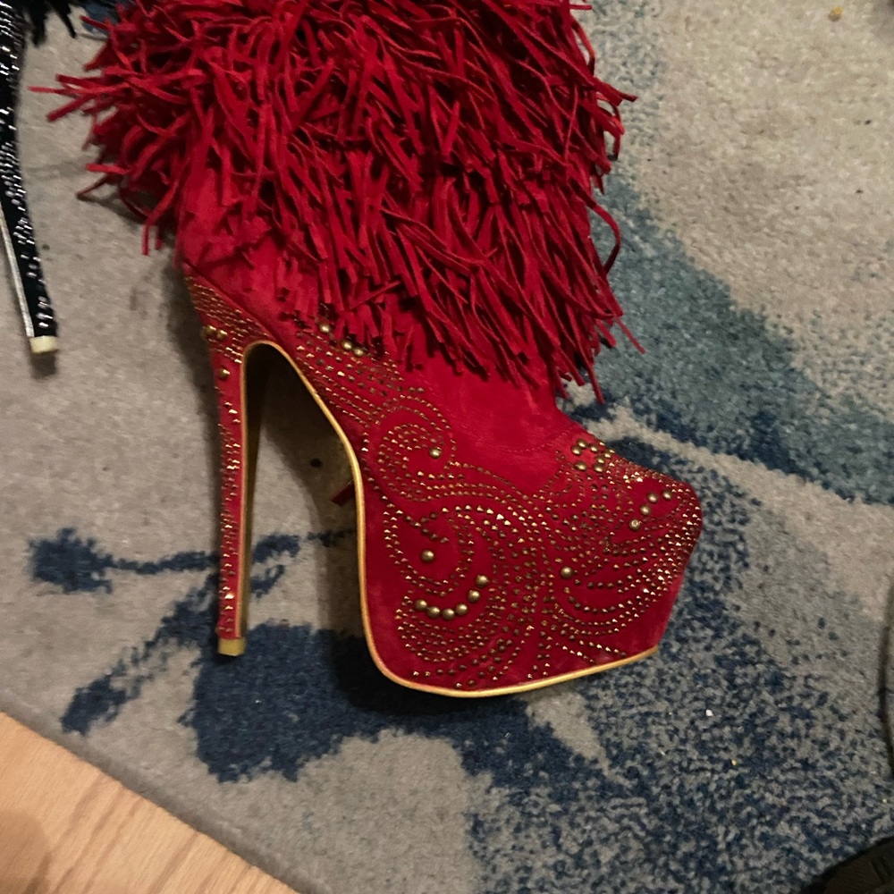 Alba Red Fringe Embellished Heels